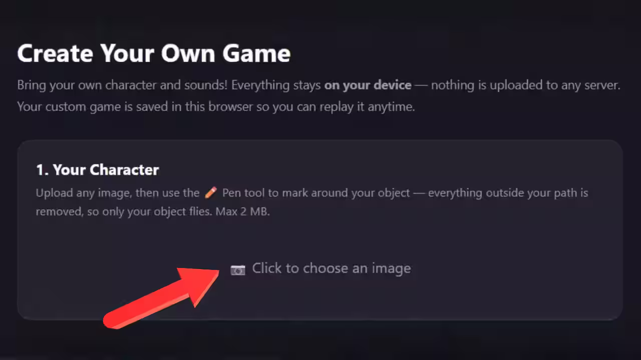 Uploading a character image in the game creator